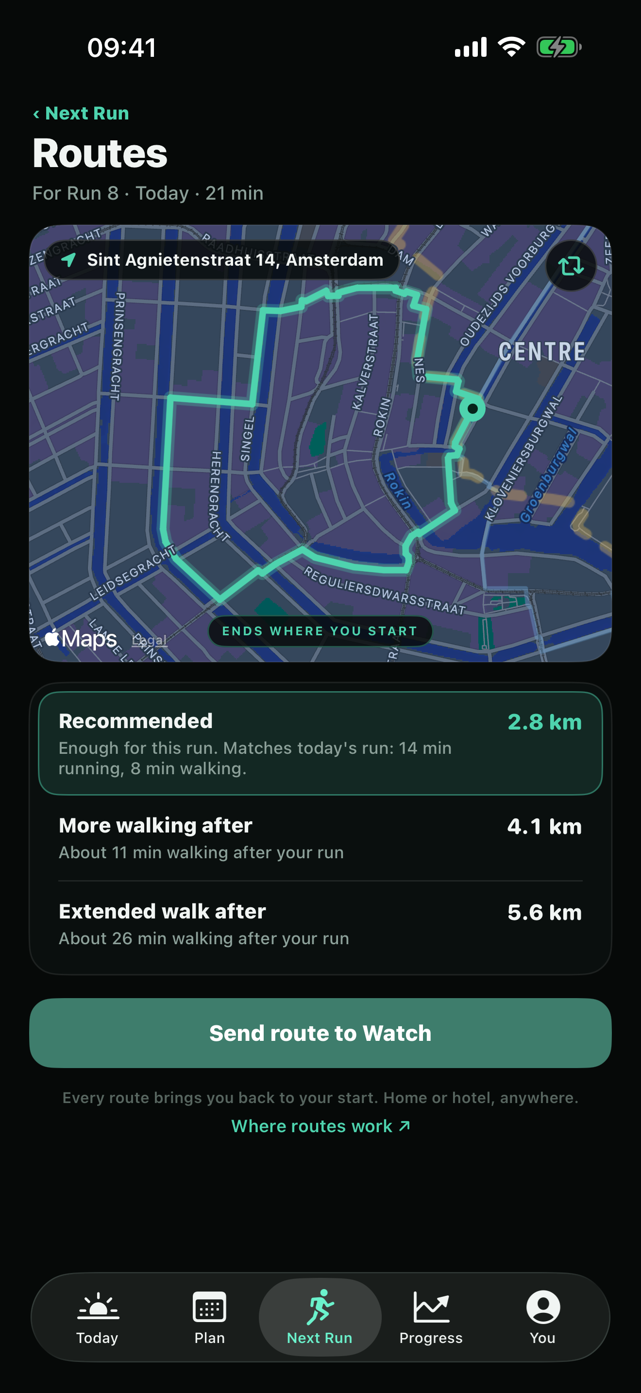 Runbound Routes screen: a 3.1 km round-trip drawn over central Amsterdam, starting and ending at the same door