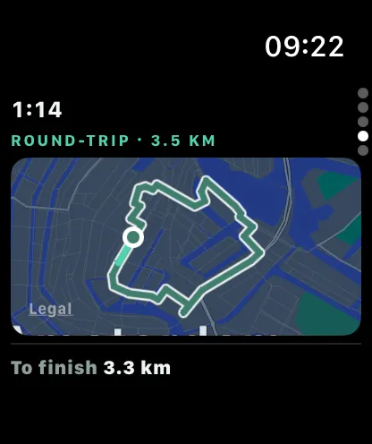Watch route page: the round-trip drawn over the Amsterdam canals, with the part behind you filled in